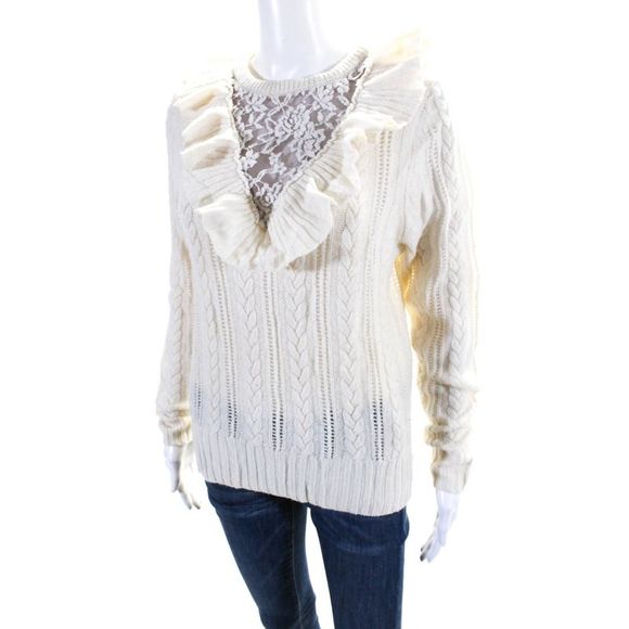 Nightcap Clothing Womens Lace Trim Ruffled Cable Knit Sweater White Wool Size 1 - Picture 2 of 6